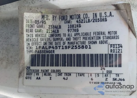 1995 Ford Mustang Gt/Gts z USA, uszkodzony, nr VIN 1FALP45T1SF255801